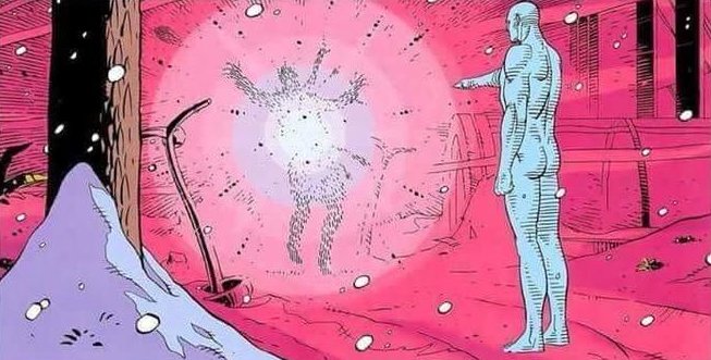 a blue person pointing at someone who is exploding
