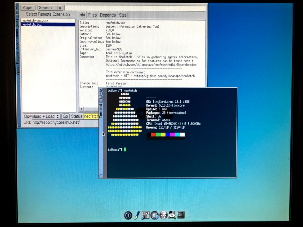 photo of tinycore running neofetch